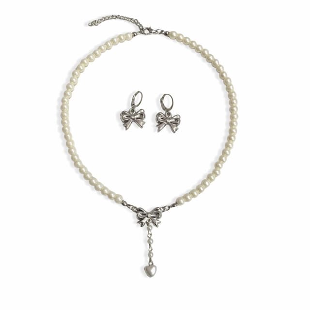 Mini bow drop heart necklace and earring silver