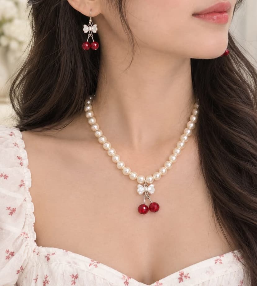 Cherry Pearl Bow Necklace & Earrings Set – Korean Style